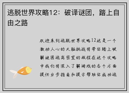 逃脱世界攻略12：破译谜团，踏上自由之路
