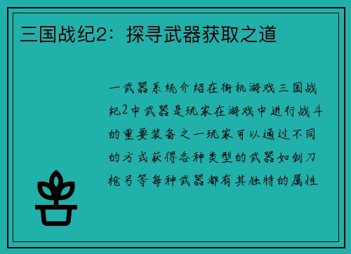 三国战纪2：探寻武器获取之道