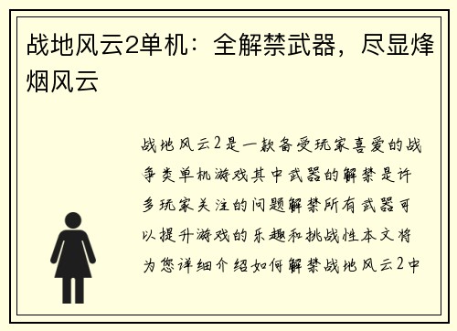 战地风云2单机：全解禁武器，尽显烽烟风云