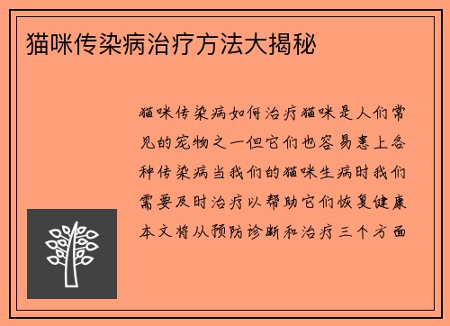猫咪传染病治疗方法大揭秘